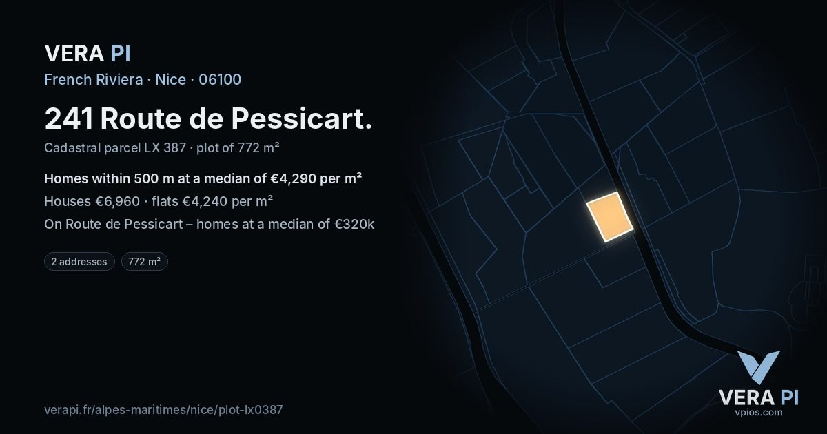 241 Route de Pessicart, Nice at night – the plot lit, the parcels around coloured by the prices near them
