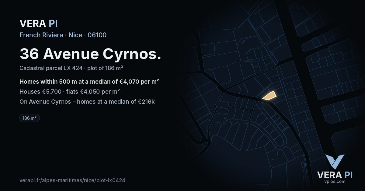 36 Avenue Cyrnos, Nice at night – the plot lit, the parcels around coloured by the prices near them