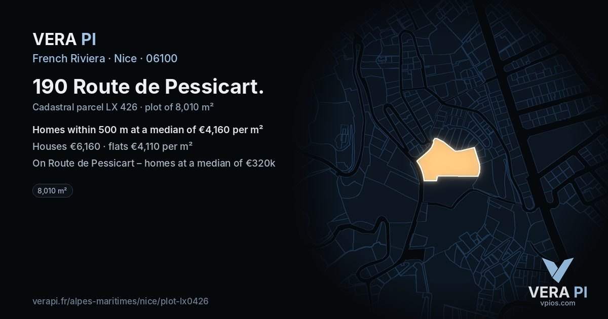 190 Route de Pessicart, Nice at night – the plot lit, the parcels around coloured by the prices near them