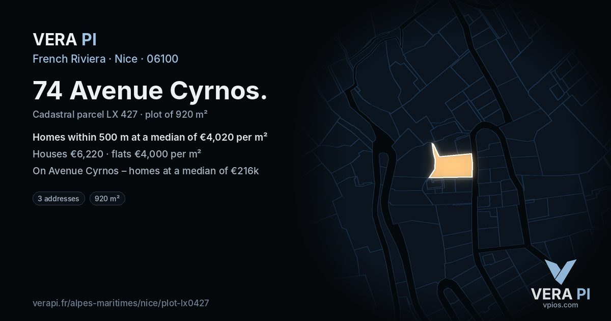 74 Avenue Cyrnos, Nice at night – the plot lit, the parcels around coloured by the prices near them