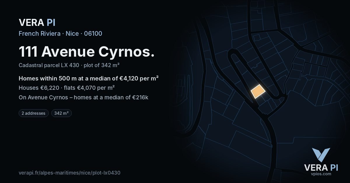 111 Avenue Cyrnos, Nice at night – the plot lit, the parcels around coloured by the prices near them