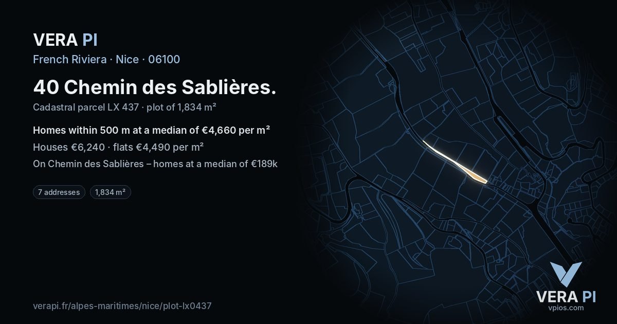 40 Chemin des Sablières, Nice at night – the plot lit, the parcels around coloured by the prices near them