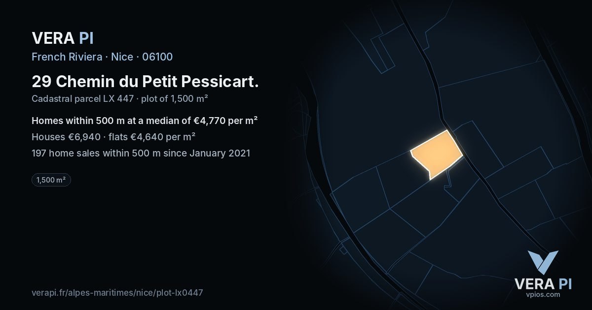 29 Chemin du Petit Pessicart, Nice at night – the plot lit, the parcels around coloured by the prices near them