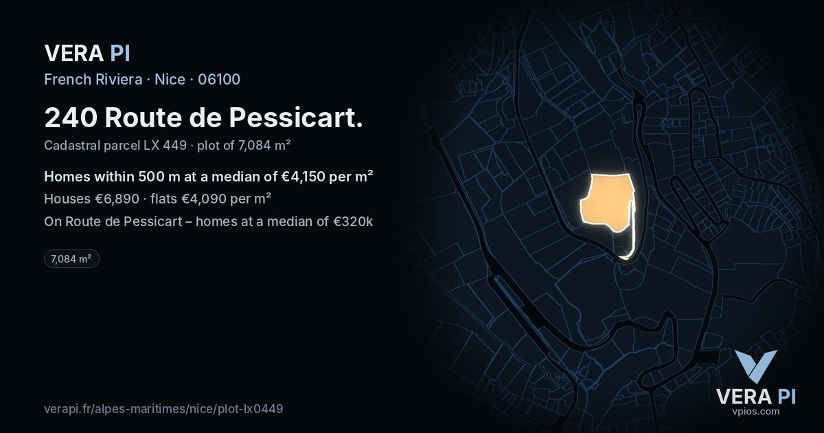 240 Route de Pessicart, Nice at night – the plot lit, the parcels around coloured by the prices near them