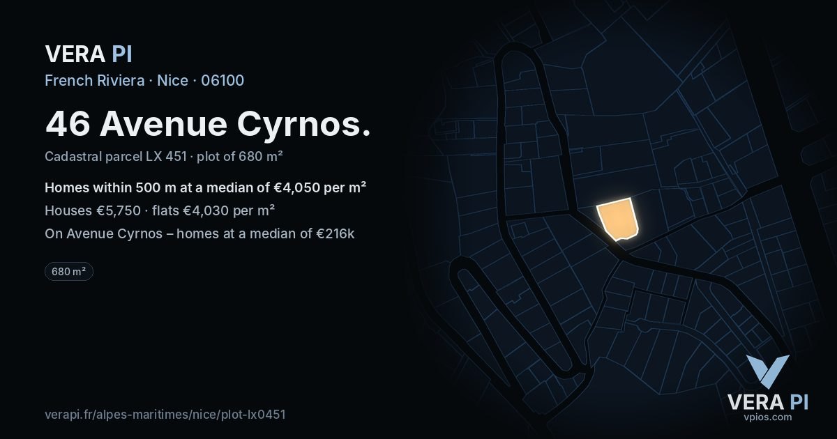 46 Avenue Cyrnos, Nice at night – the plot lit, the parcels around coloured by the prices near them