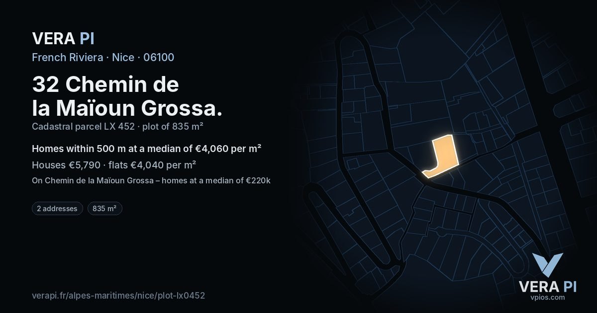 32 Chemin de la Maïoun Grossa, Nice at night – the plot lit, the parcels around coloured by the prices near them