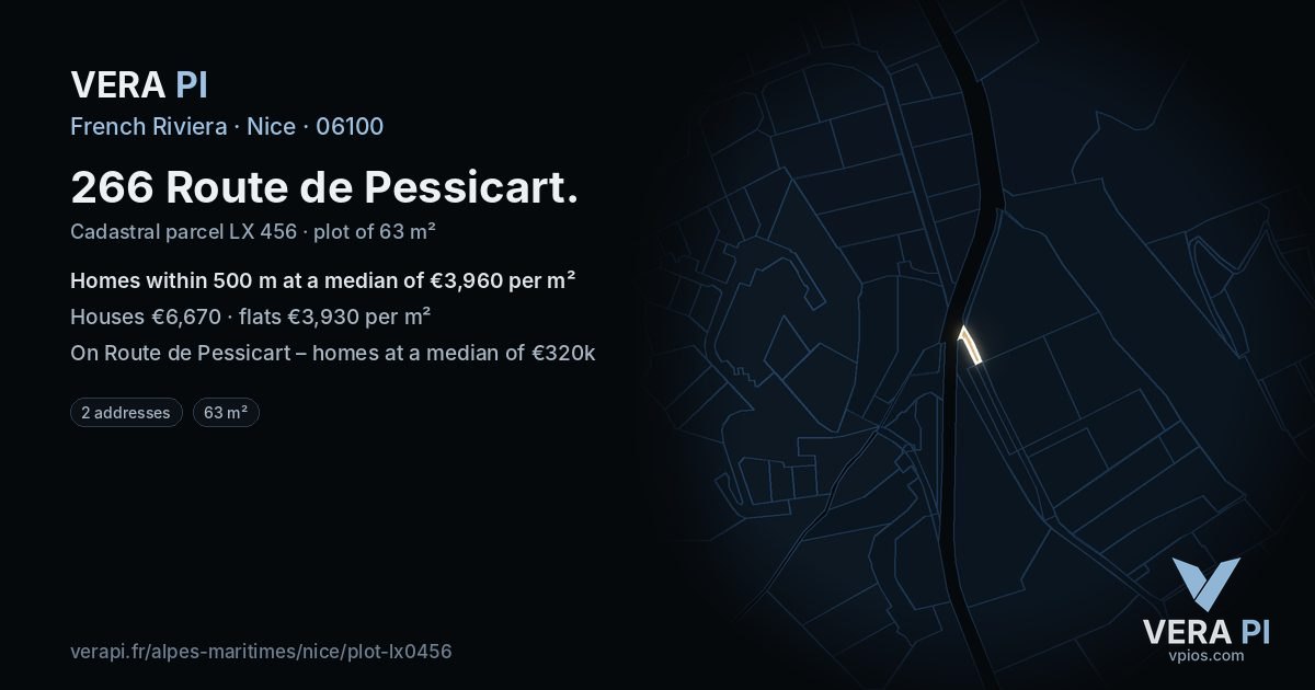 266 Route de Pessicart, Nice at night – the plot lit, the parcels around coloured by the prices near them