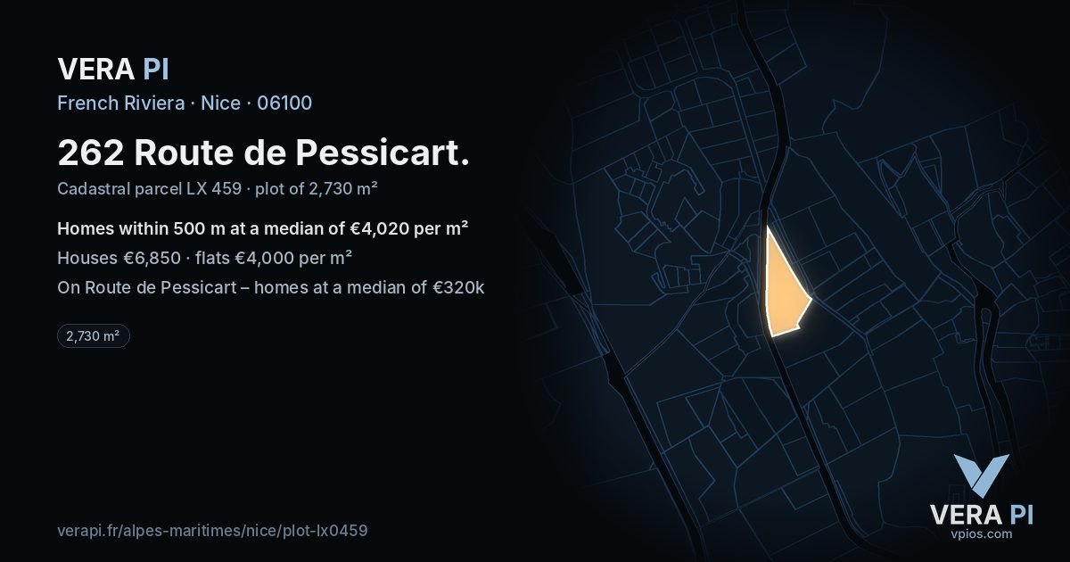 262 Route de Pessicart, Nice at night – the plot lit, the parcels around coloured by the prices near them
