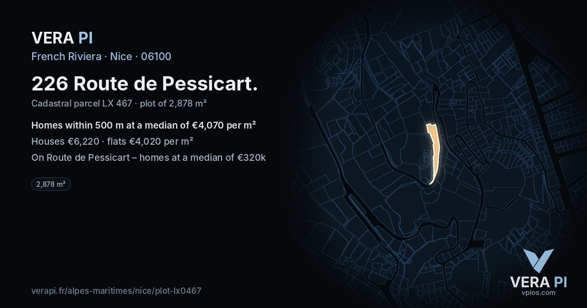 226 Route de Pessicart, Nice at night – the plot lit, the parcels around coloured by the prices near them