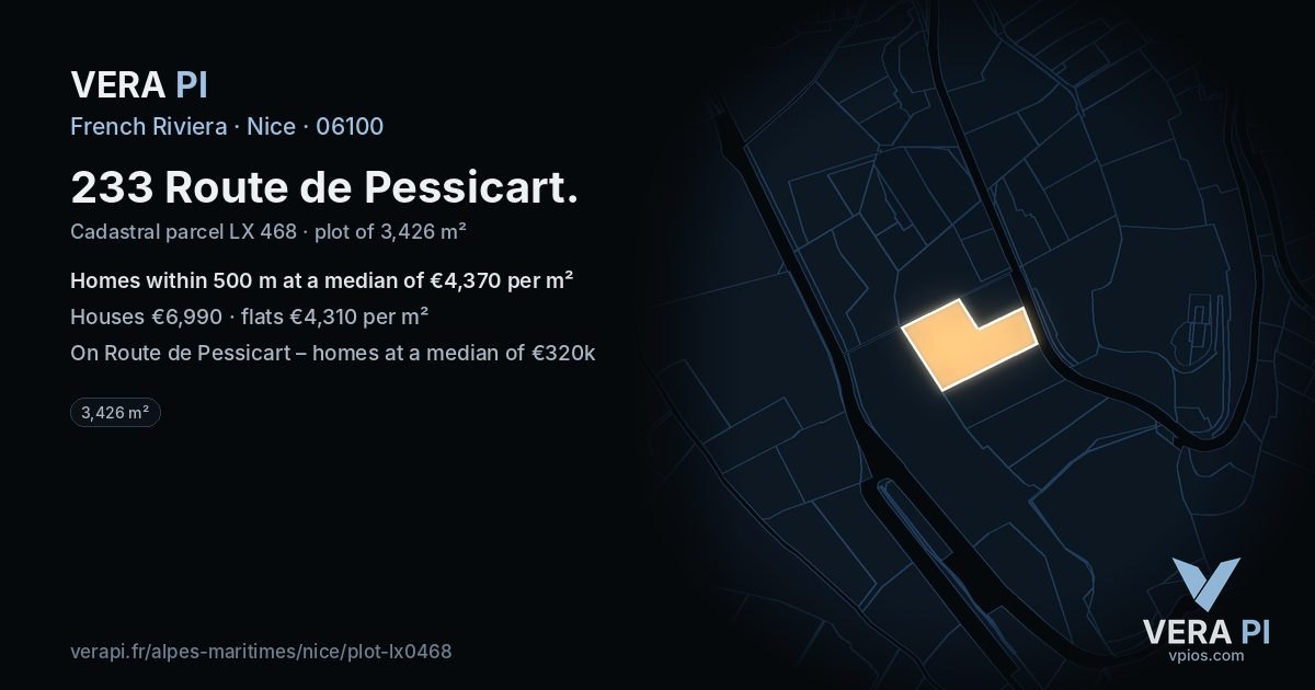 233 Route de Pessicart, Nice at night – the plot lit, the parcels around coloured by the prices near them