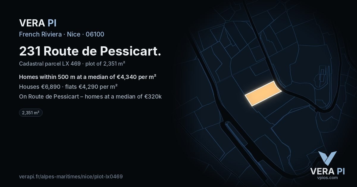 231 Route de Pessicart, Nice at night – the plot lit, the parcels around coloured by the prices near them