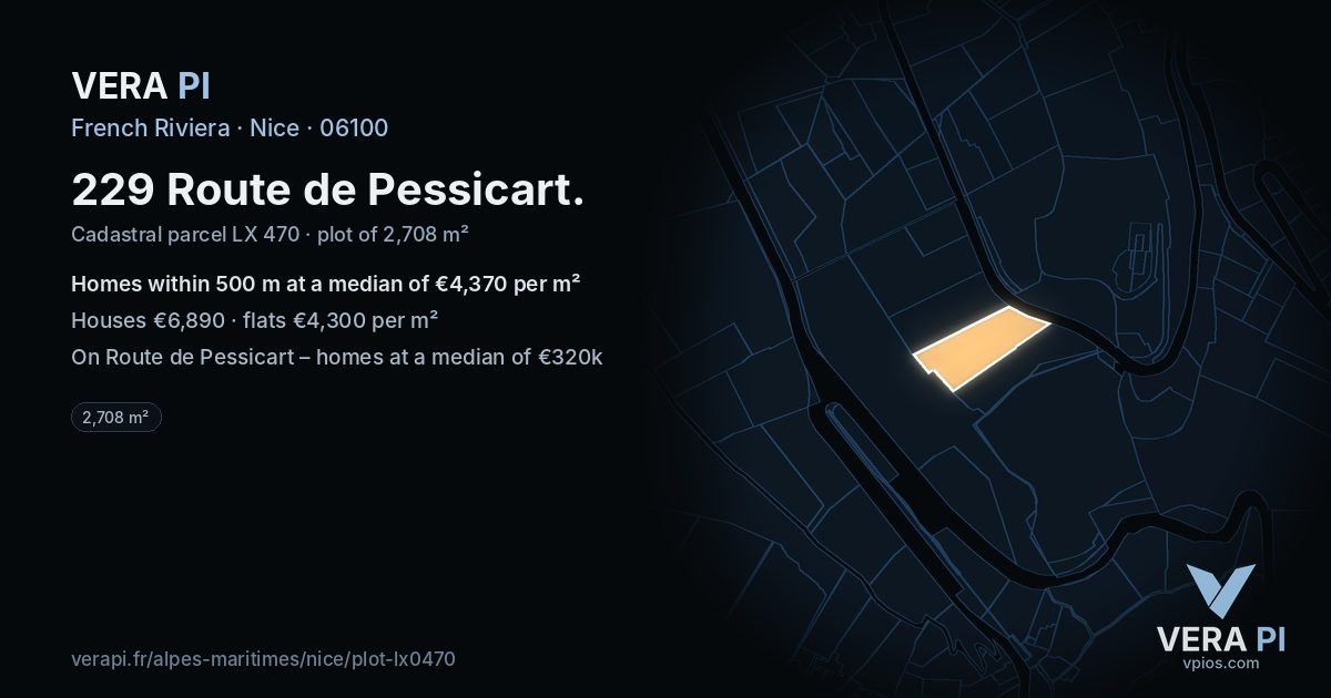 229 Route de Pessicart, Nice at night – the plot lit, the parcels around coloured by the prices near them