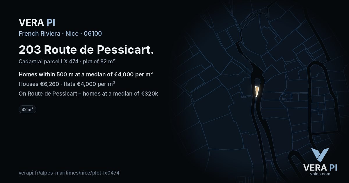 203 Route de Pessicart, Nice at night – the plot lit, the parcels around coloured by the prices near them
