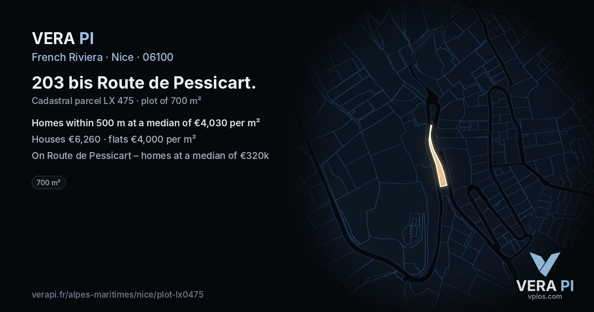 203 bis Route de Pessicart, Nice at night – the plot lit, the parcels around coloured by the prices near them