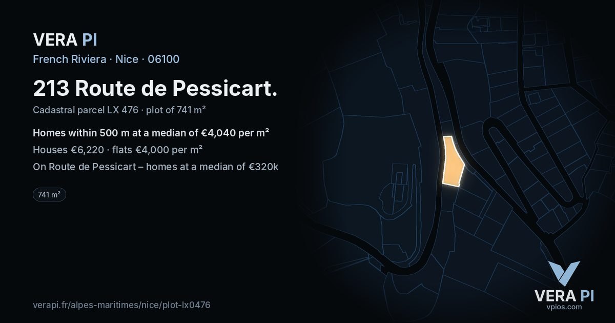 213 Route de Pessicart, Nice at night – the plot lit, the parcels around coloured by the prices near them