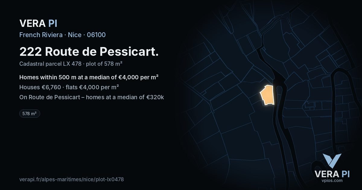222 Route de Pessicart, Nice at night – the plot lit, the parcels around coloured by the prices near them