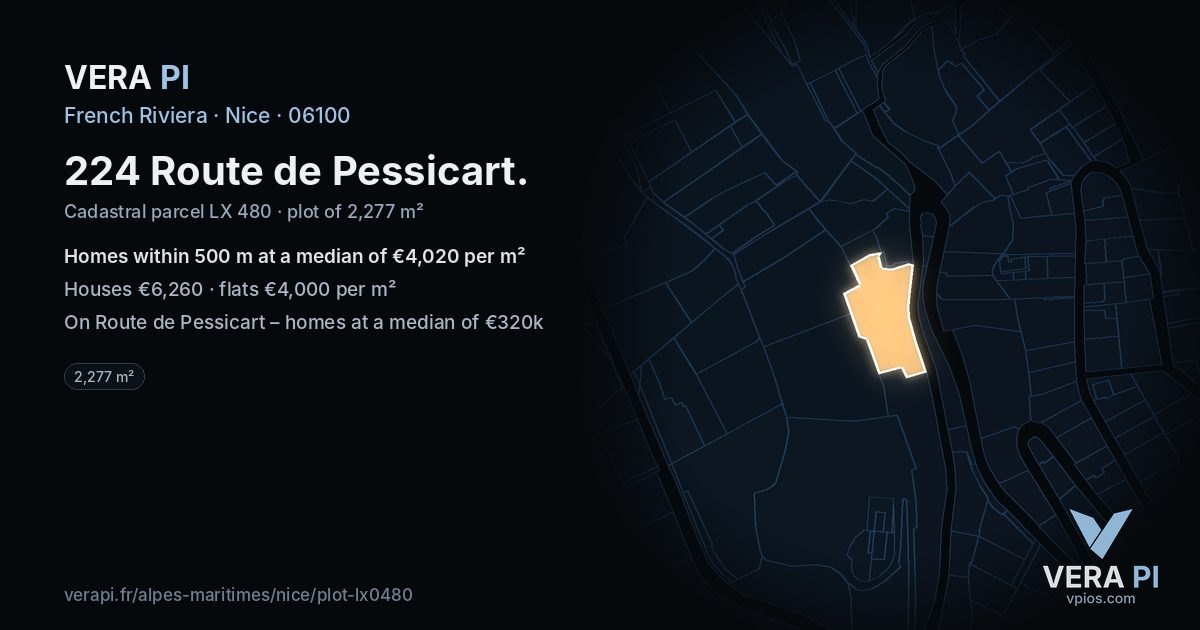 224 Route de Pessicart, Nice at night – the plot lit, the parcels around coloured by the prices near them
