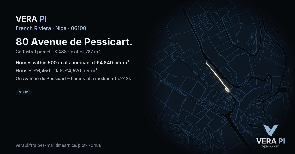 80 Avenue de Pessicart, Nice at night – the plot lit, the parcels around coloured by the prices near them
