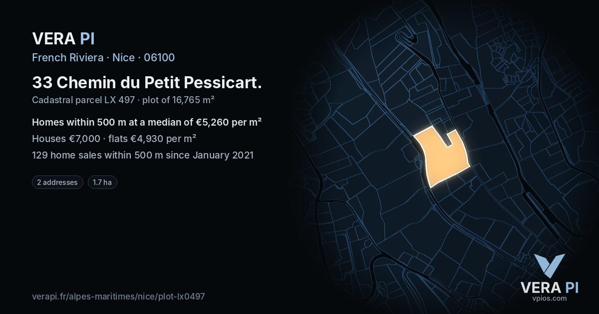 33 Chemin du Petit Pessicart, Nice at night – the plot lit, the parcels around coloured by the prices near them