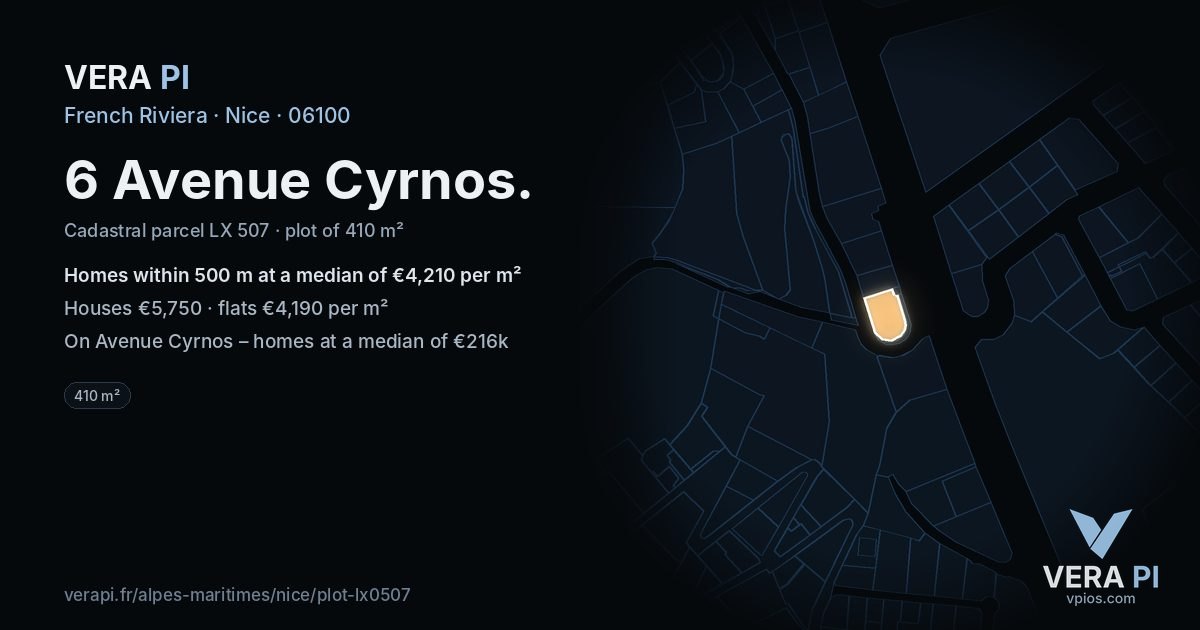 6 Avenue Cyrnos, Nice at night – the plot lit, the parcels around coloured by the prices near them
