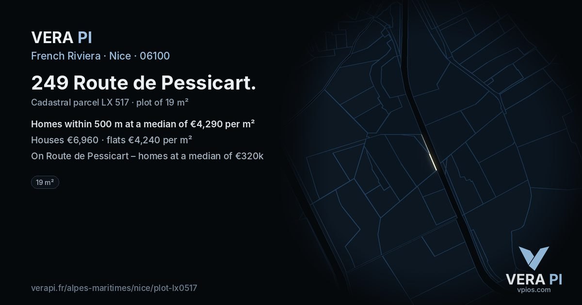 249 Route de Pessicart, Nice at night – the plot lit, the parcels around coloured by the prices near them