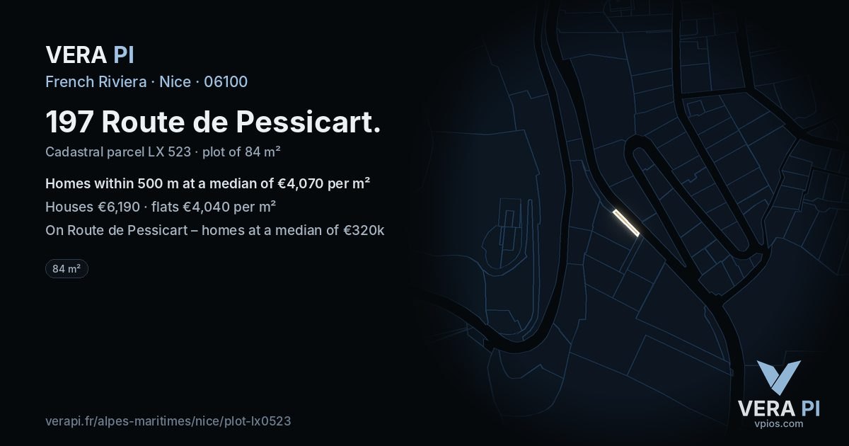 197 Route de Pessicart, Nice at night – the plot lit, the parcels around coloured by the prices near them