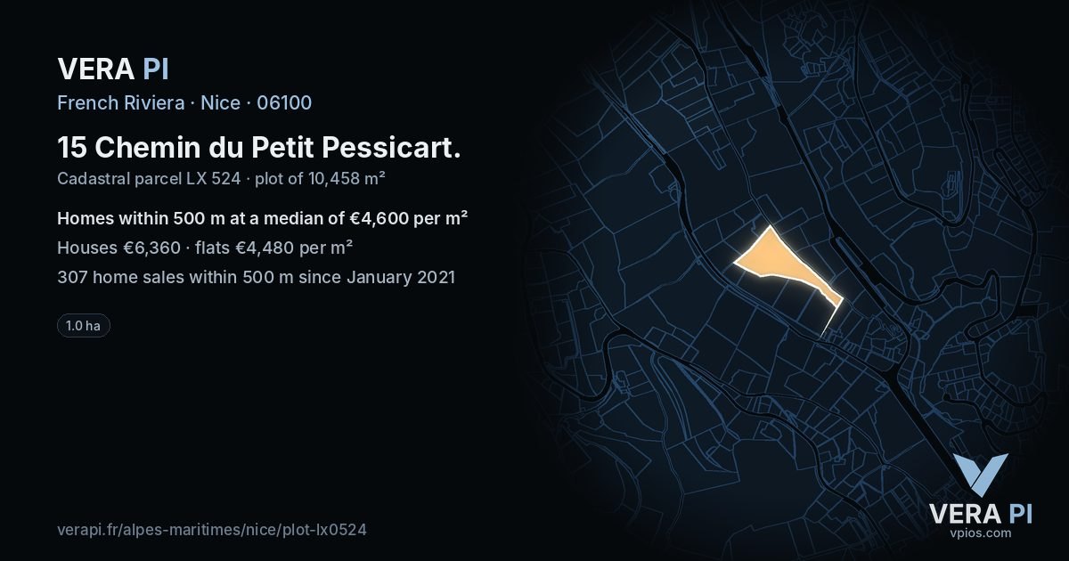 15 Chemin du Petit Pessicart, Nice at night – the plot lit, the parcels around coloured by the prices near them