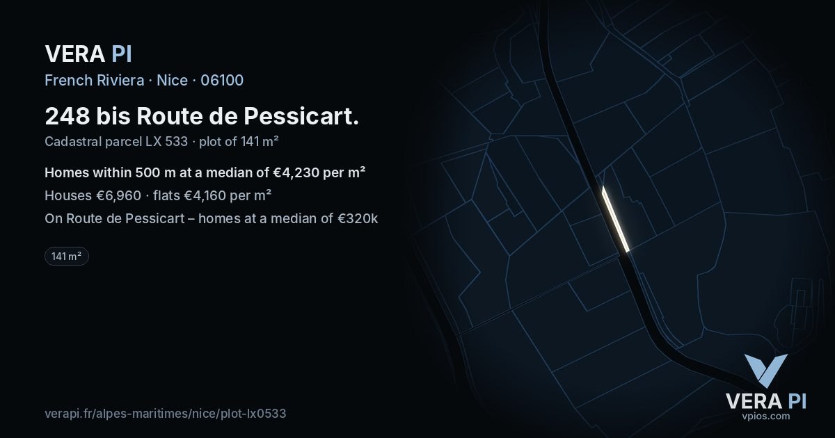 248 bis Route de Pessicart, Nice at night – the plot lit, the parcels around coloured by the prices near them