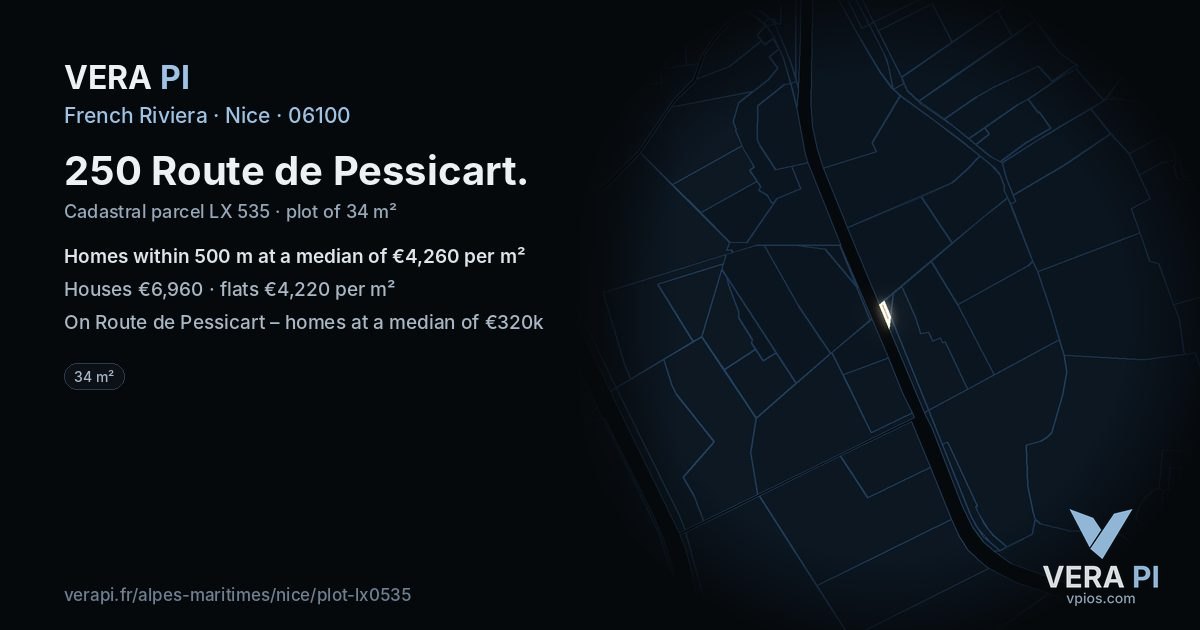250 Route de Pessicart, Nice at night – the plot lit, the parcels around coloured by the prices near them