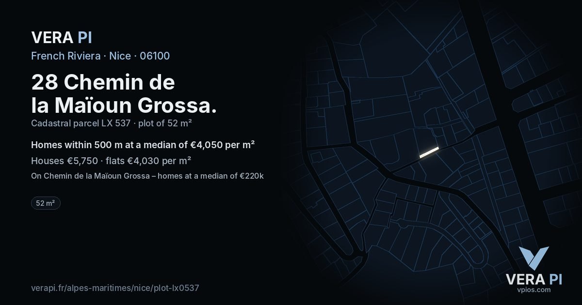 28 Chemin de la Maïoun Grossa, Nice at night – the plot lit, the parcels around coloured by the prices near them