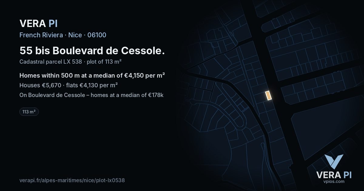 55 bis Boulevard de Cessole, Nice at night – the plot lit, the parcels around coloured by the prices near them