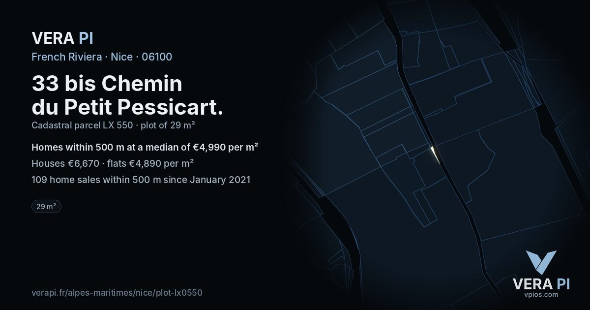 33 bis Chemin du Petit Pessicart, Nice at night – the plot lit, the parcels around coloured by the prices near them