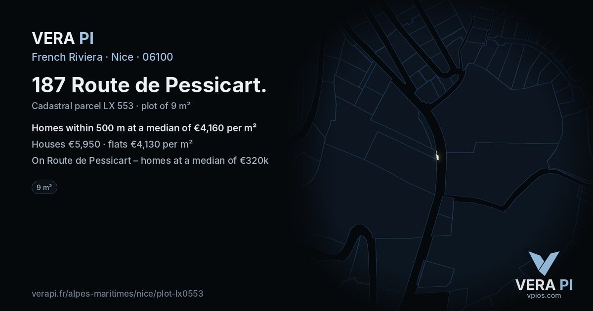 187 Route de Pessicart, Nice at night – the plot lit, the parcels around coloured by the prices near them
