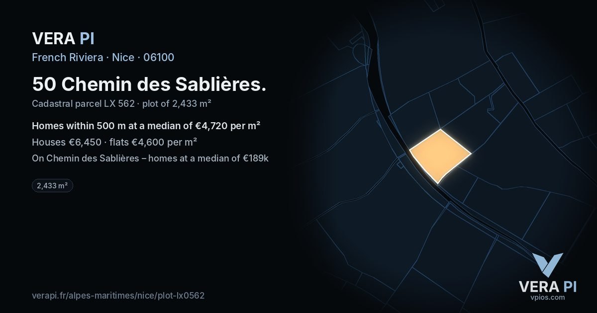 50 Chemin des Sablières, Nice at night – the plot lit, the parcels around coloured by the prices near them