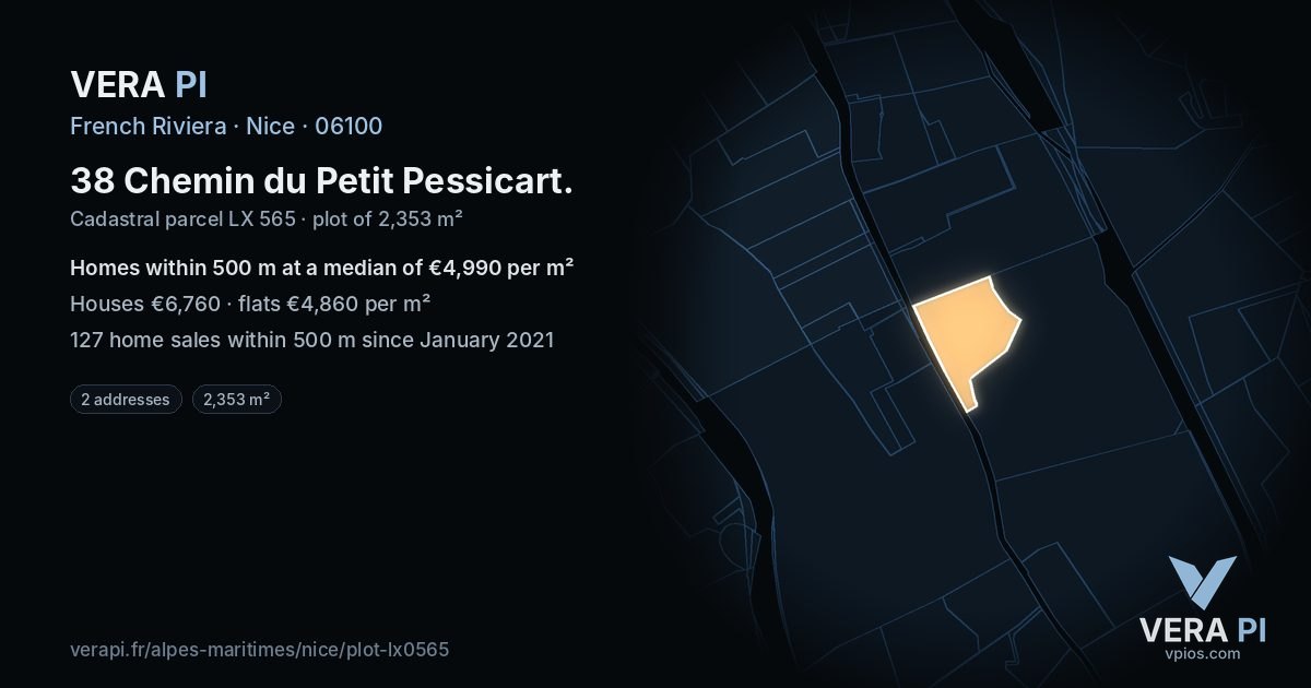 38 Chemin du Petit Pessicart, Nice at night – the plot lit, the parcels around coloured by the prices near them