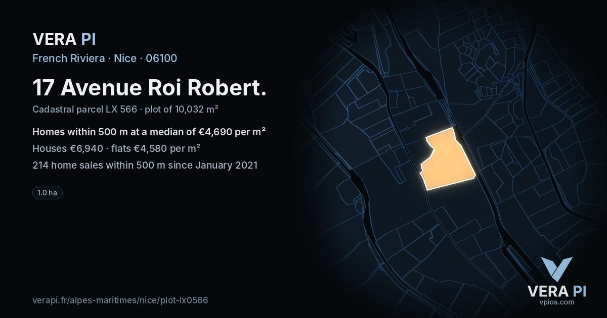 17 Avenue Roi Robert, Nice at night – the plot lit, the parcels around coloured by the prices near them