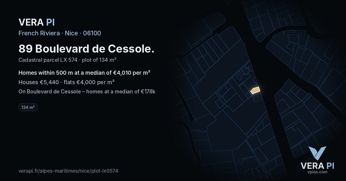 89 Boulevard de Cessole, Nice at night – the plot lit, the parcels around coloured by the prices near them