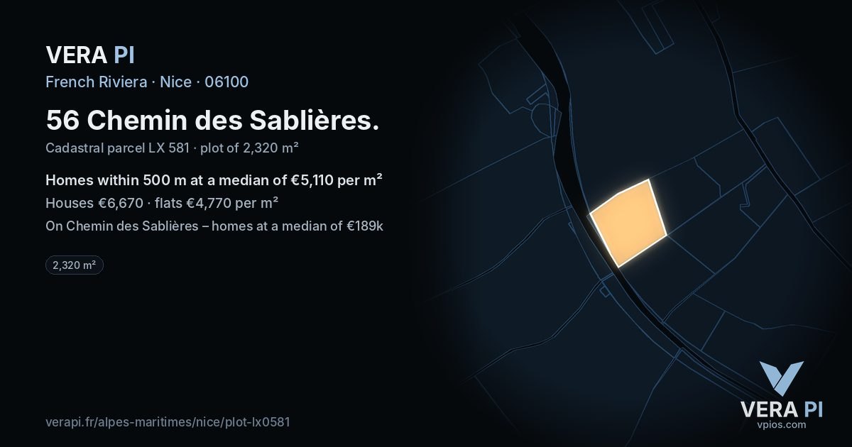 56 Chemin des Sablières, Nice at night – the plot lit, the parcels around coloured by the prices near them
