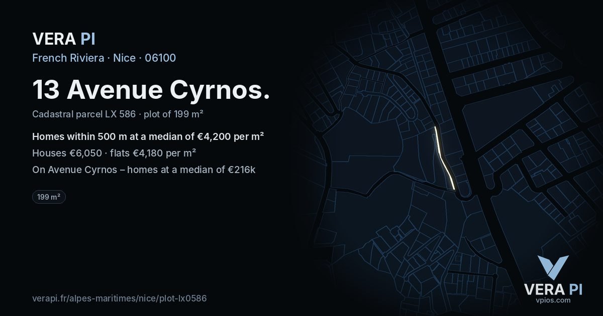 13 Avenue Cyrnos, Nice at night – the plot lit, the parcels around coloured by the prices near them