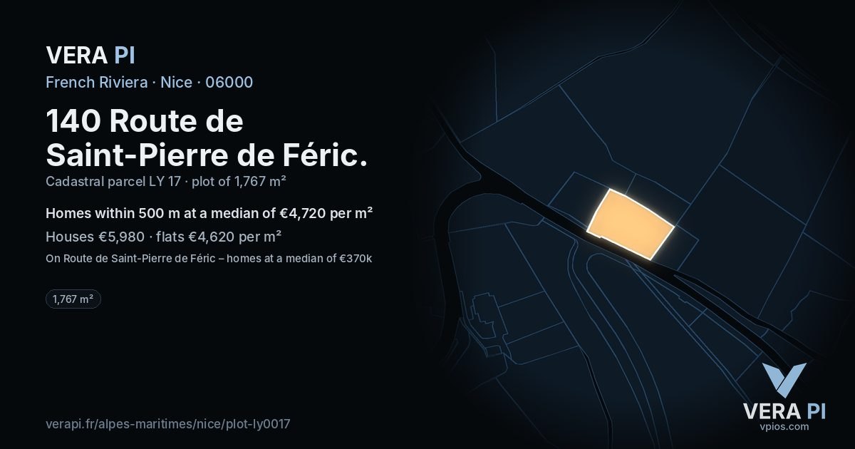 140 Route de Saint-Pierre de Féric, Nice at night – the plot lit, the parcels around coloured by the prices near them