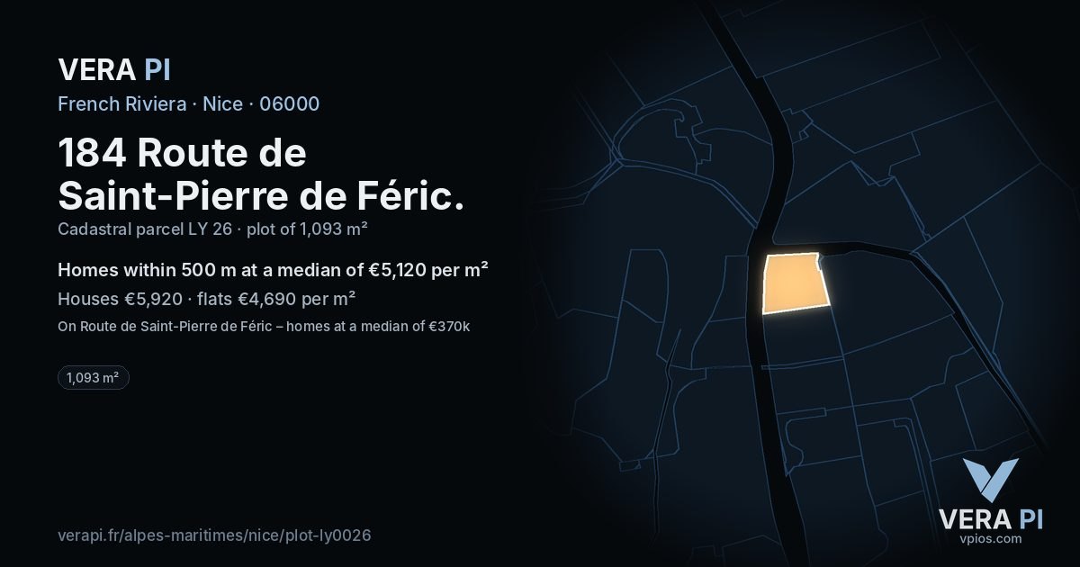 184 Route de Saint-Pierre de Féric, Nice at night – the plot lit, the parcels around coloured by the prices near them
