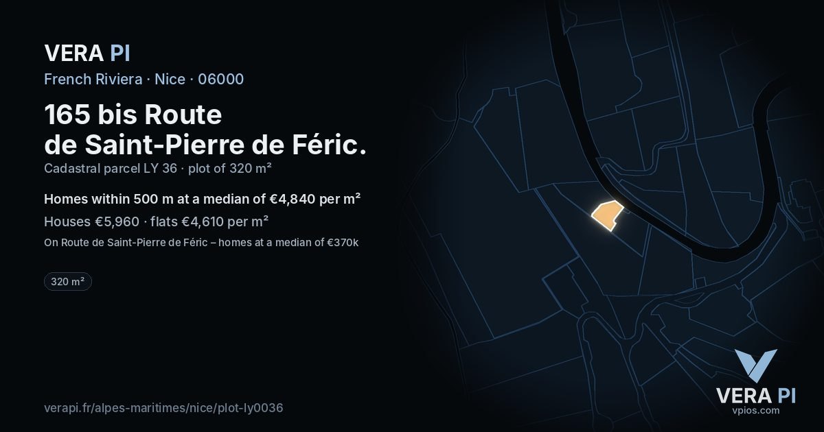 165 bis Route de Saint-Pierre de Féric, Nice at night – the plot lit, the parcels around coloured by the prices near them