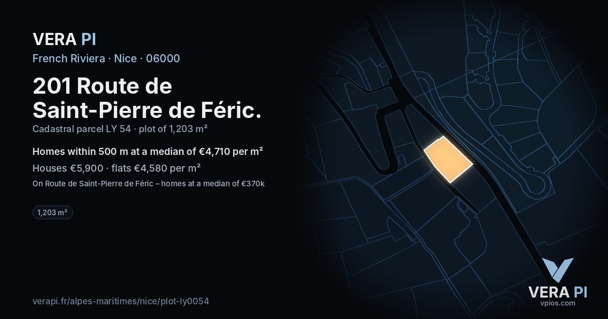 201 Route de Saint-Pierre de Féric, Nice at night – the plot lit, the parcels around coloured by the prices near them
