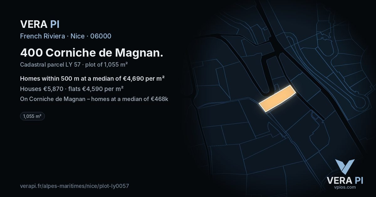 400 Corniche de Magnan, Nice at night – the plot lit, the parcels around coloured by the prices near them