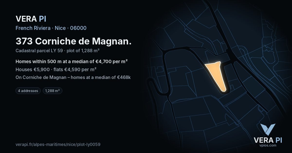 373 Corniche de Magnan, Nice at night – the plot lit, the parcels around coloured by the prices near them