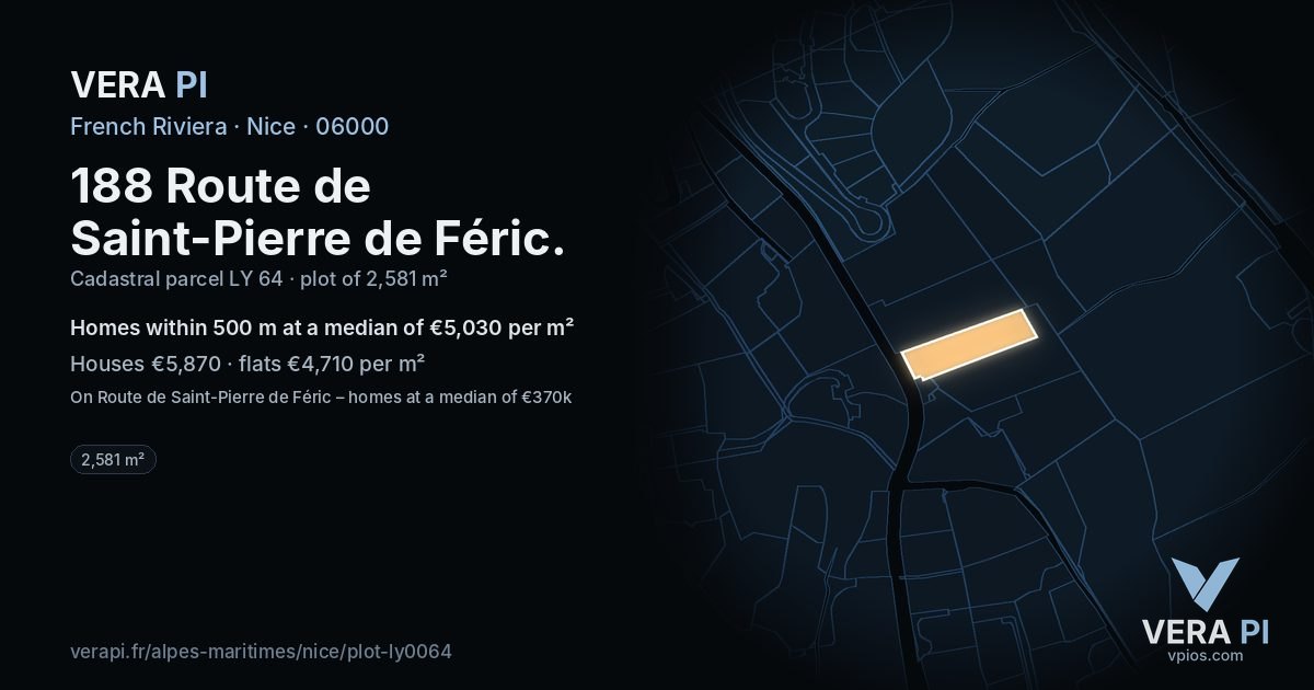 188 Route de Saint-Pierre de Féric, Nice at night – the plot lit, the parcels around coloured by the prices near them