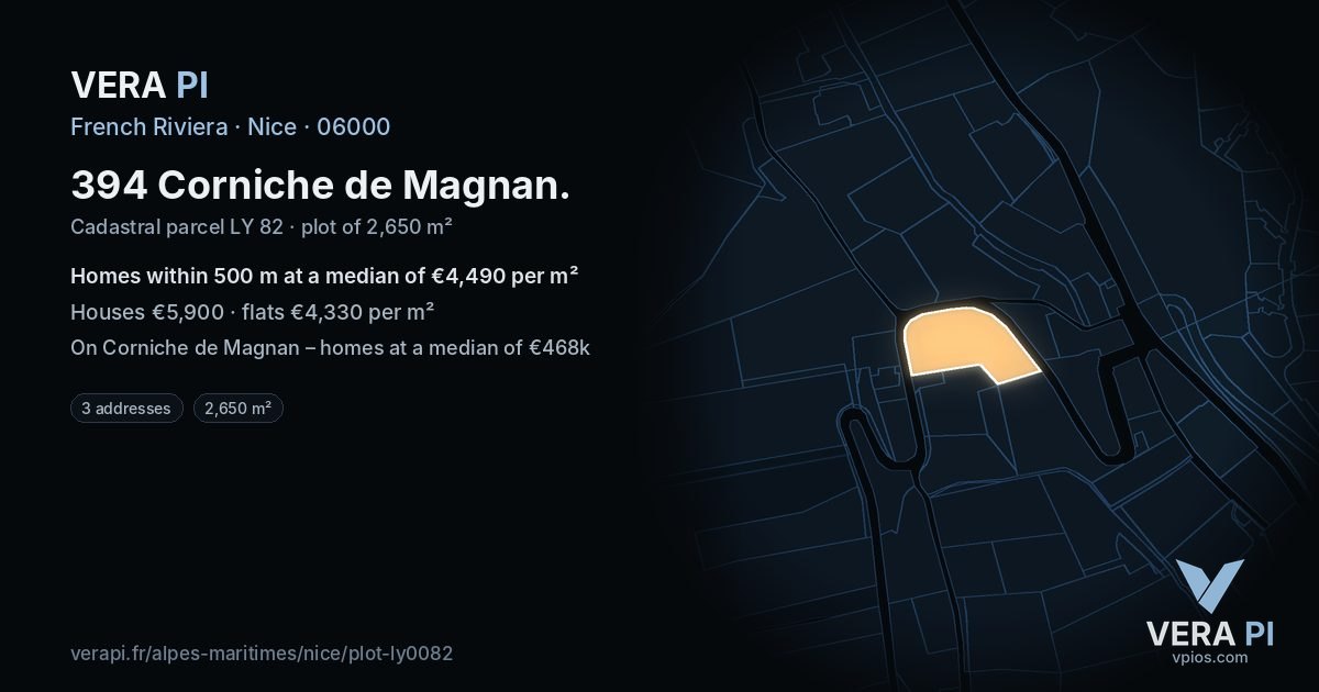 394 Corniche de Magnan, Nice at night – the plot lit, the parcels around coloured by the prices near them