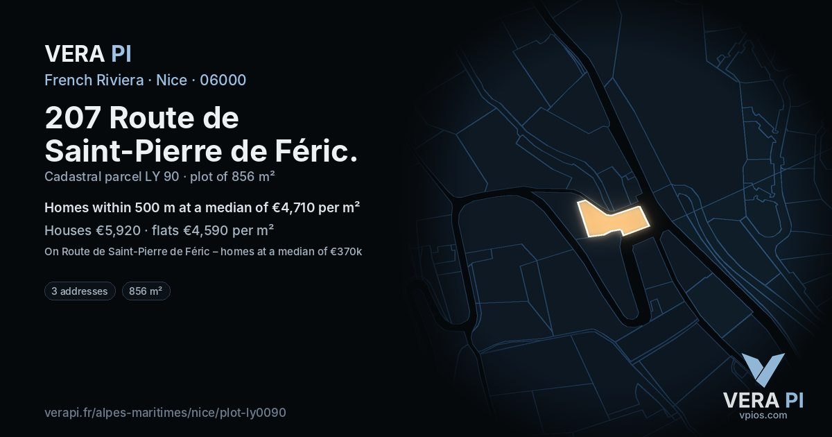 207 Route de Saint-Pierre de Féric, Nice at night – the plot lit, the parcels around coloured by the prices near them