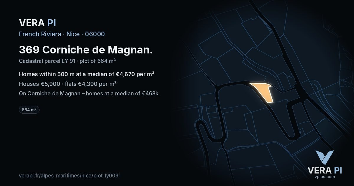 369 Corniche de Magnan, Nice at night – the plot lit, the parcels around coloured by the prices near them