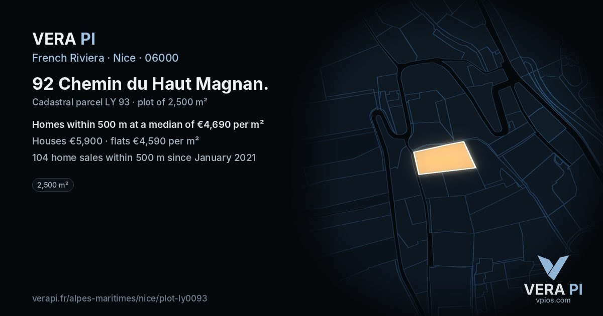 92 Chemin du Haut Magnan, Nice at night – the plot lit, the parcels around coloured by the prices near them